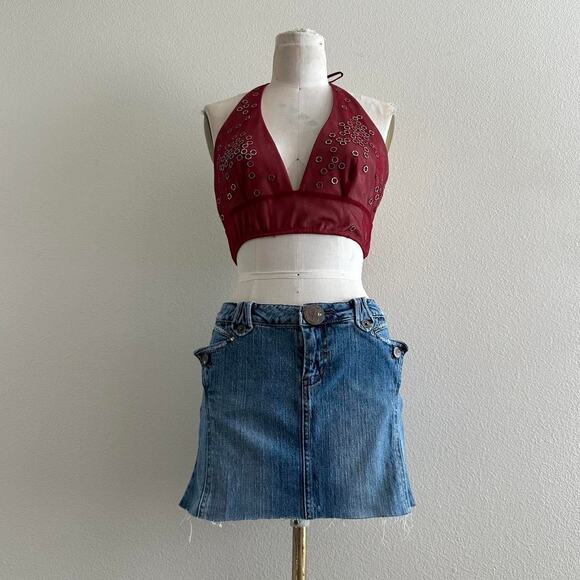Vintage Tops - reworked BCBG Maxazria burgundy mesh halter top with silver metal rings